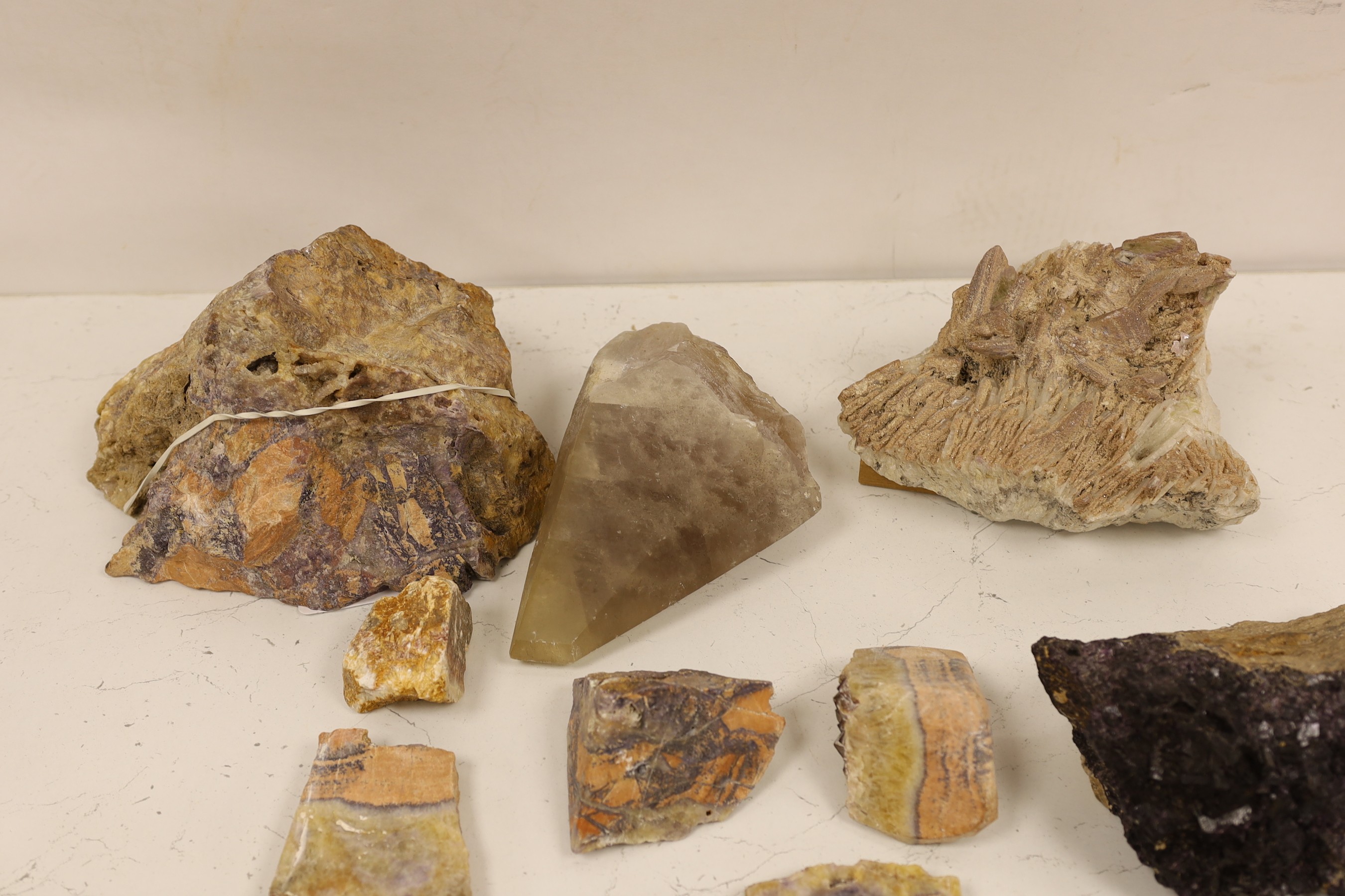 A large amethyst quartz in white, quartz matrix, other similar fragments and petrified wood, etc.